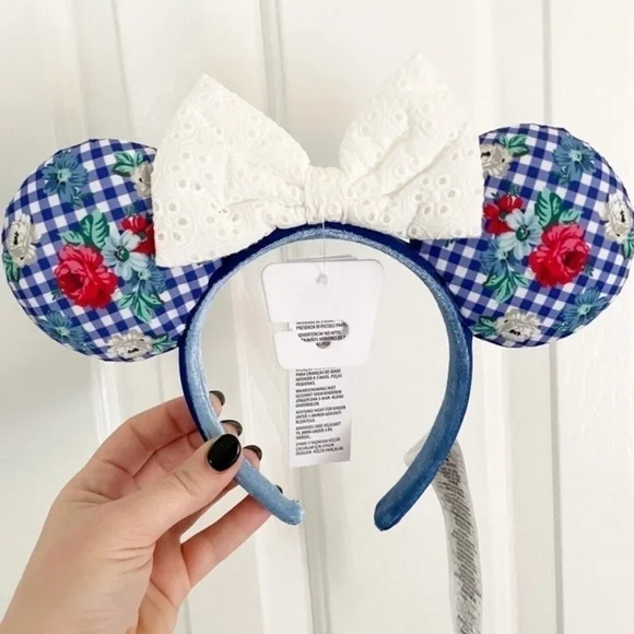 NWT Disney Parks Minnie Mouse Ears Floral Gingham Cottage Headband With Bow - Picture 1 of 3